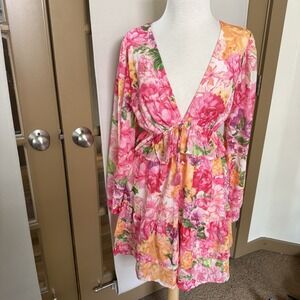 Flying Tomato Womens Medium Floral Deep V-Neck Long‎ Sleeve Knee Length Dress